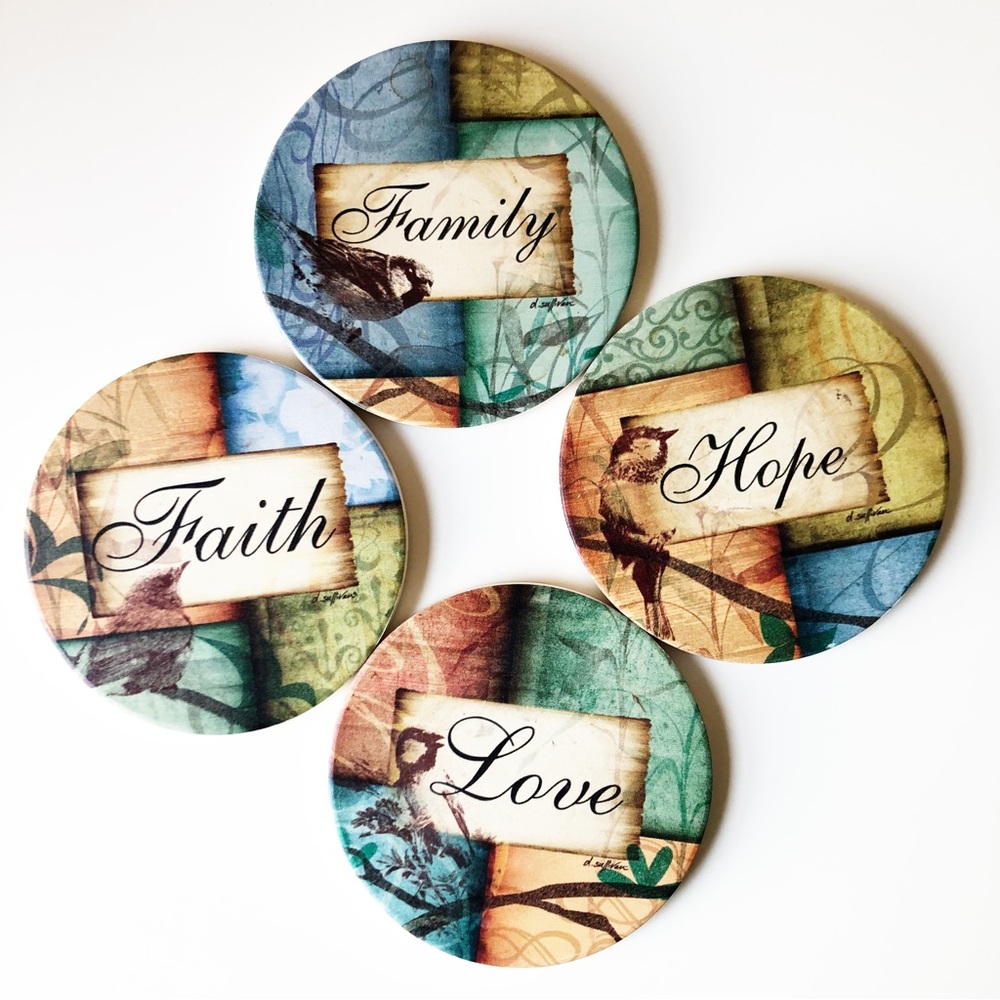 4 Vintage Ceramic Coasters Cork Back Faith Hope Love Family w/ Birds Blue Green